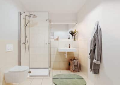 Einrichtungsbeispiel für die Badezimmer-Ausstattung der cleanen Classic Designlinie: helle Fliesen treffen auf chromfarbene Armaturen.