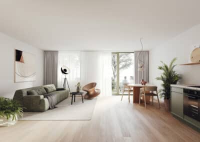 Individuell angefertigte in hellen Braun- und Grüntönen Holzmöbel für den jeweiligen Wohnzuschnitt eines Schreinerunternehmens aus Sachsen