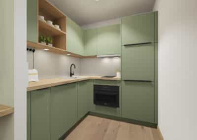 Salbeigrüne, passgenaue Küche auf Eichenparkett, individuell gefertigt von einem ortsansässigen, sächsischen Schreinerunternehmen