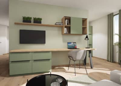 Beispiel für Wohnraum Innenausstattung: maßgefertigte Holzmöbel in hellen Grüntönen auf Eichenparkett